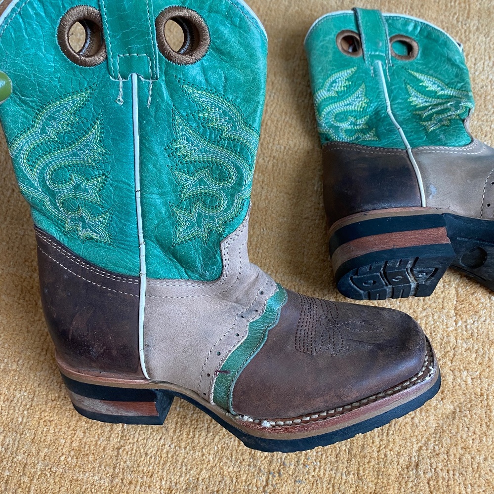 Vintage Kids Cowboy Boots | Green & Brown Leather Western Boots